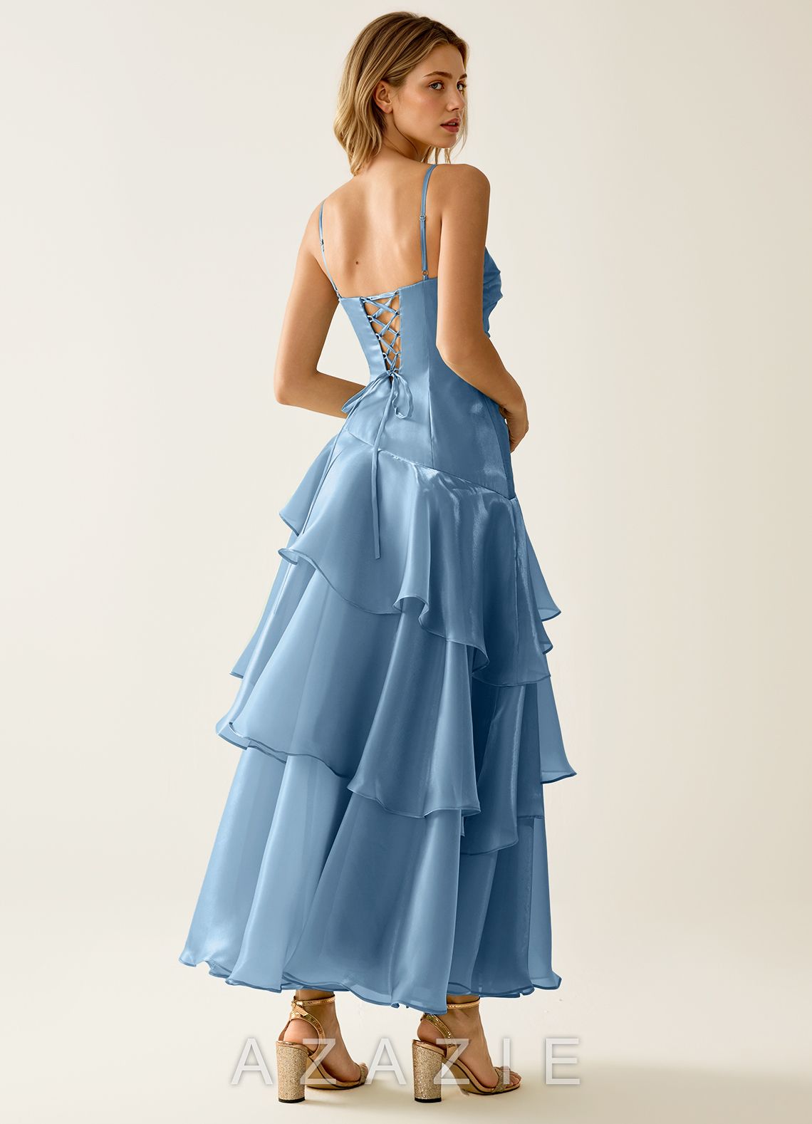Nicola Mint Blue Satin Ruffled A-line Vacation Midi Dress
