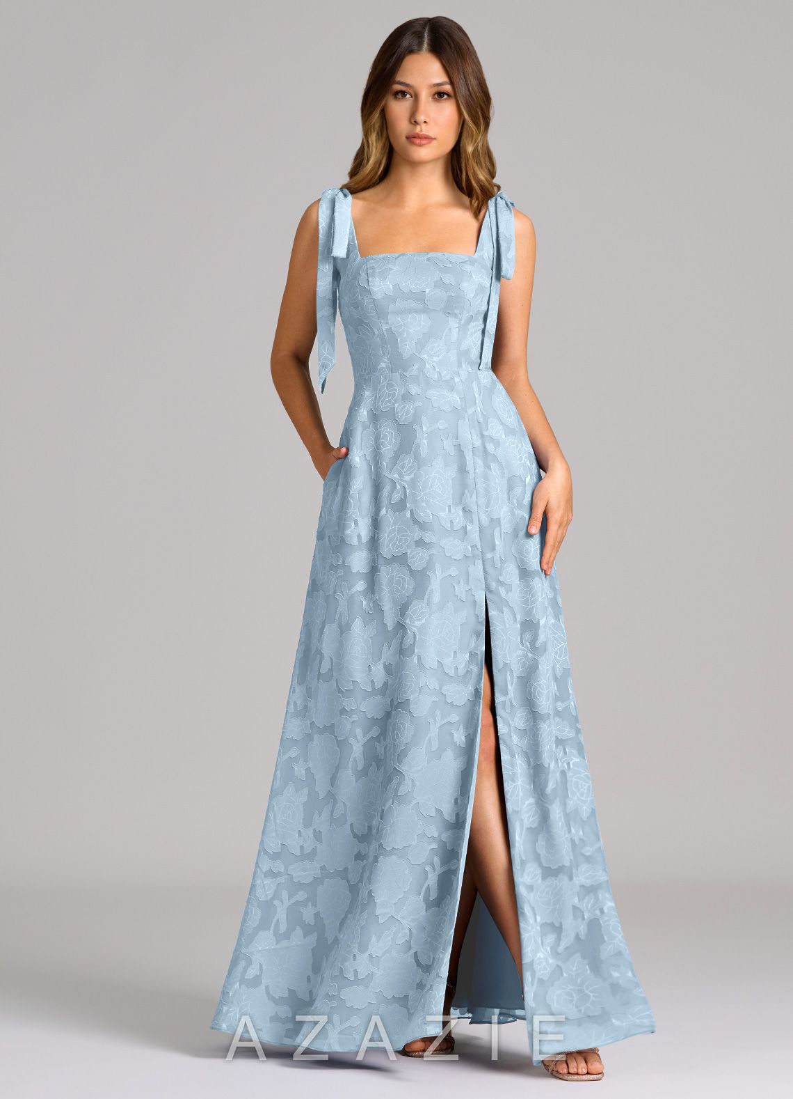 Azazie Debra Sky Blue A-Line with Pockets Floral Burnout Dress