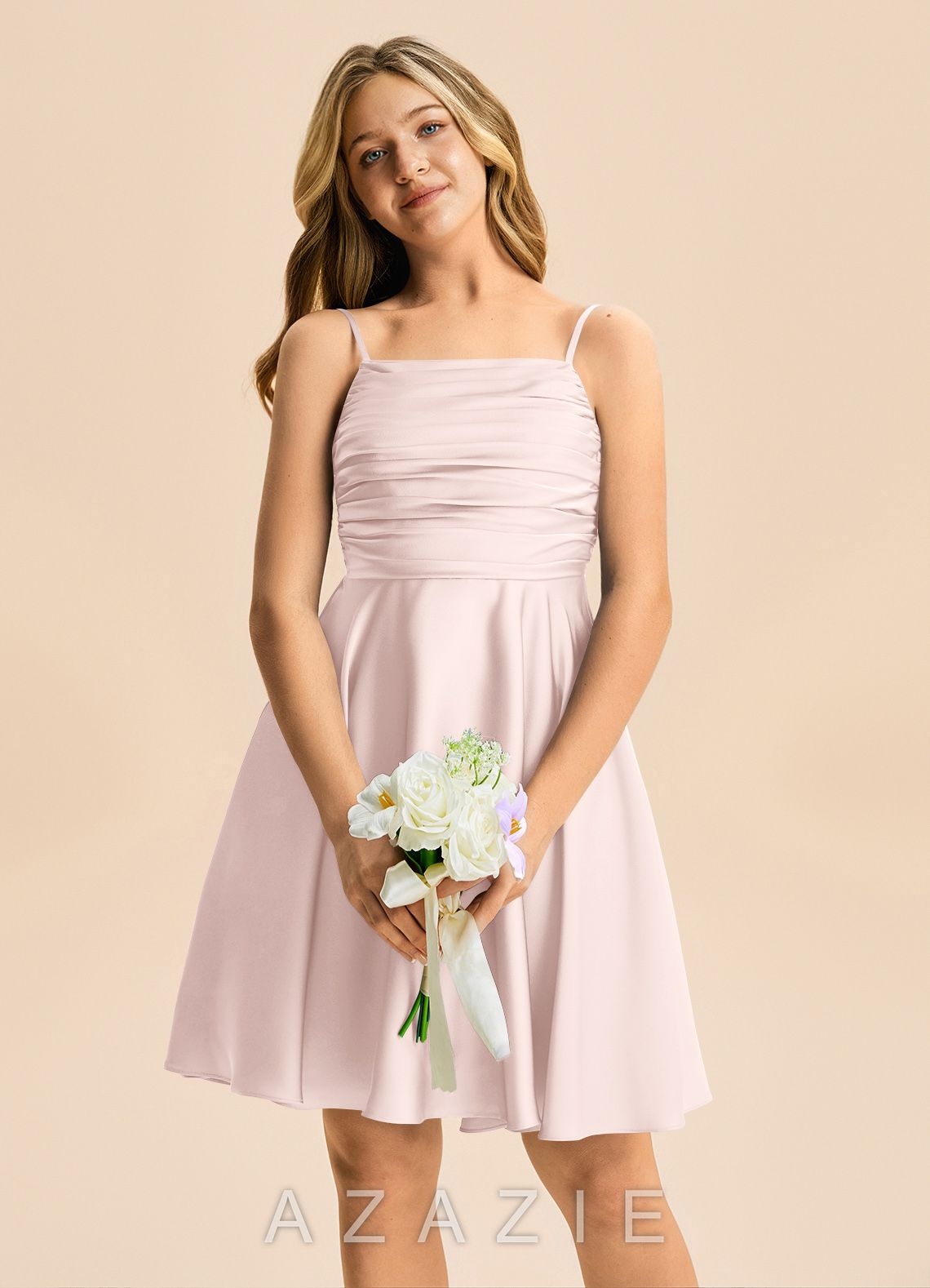 Azazie Miko Junior Blushing Pink A-Line Pleated Stretch Satin Dress blushing_pink