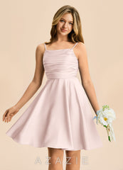 Azazie Miko Junior Blushing Pink A-Line Pleated Stretch Satin Dress