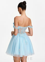 Eudaimonia Light Blue 3D Flower Sequin Embroidery Corset Off-the-Shoulder Tulle 