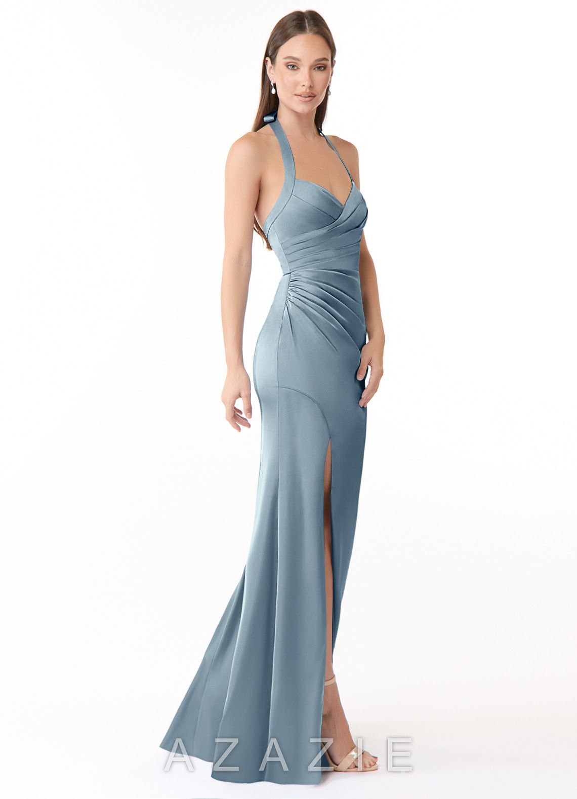 Azazie Emeria Dusty Blue Mermaid Pleated Stretch Satin Dress dusty_blue