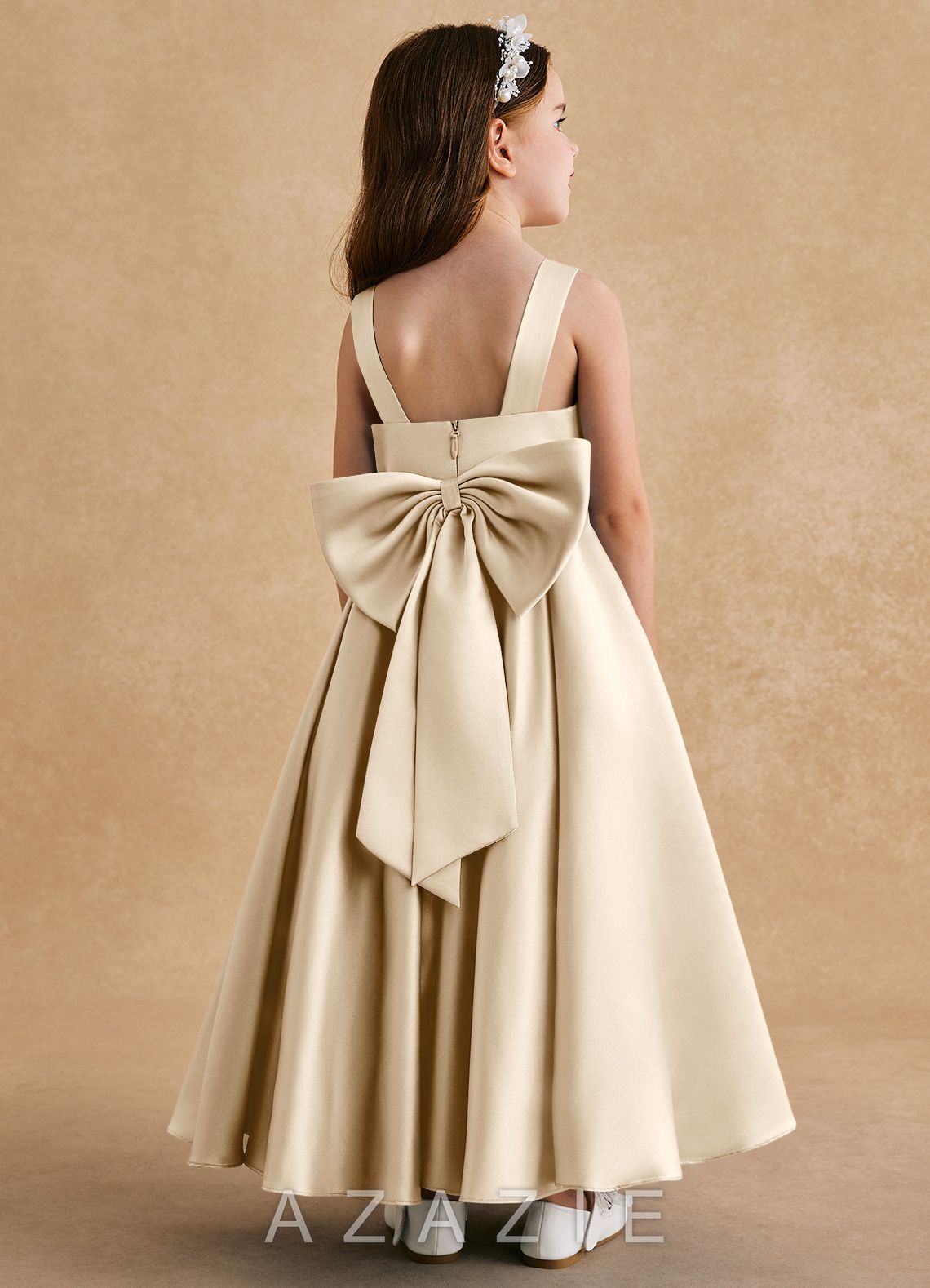 Azazie Honey Bear Champagne A-Line Pleated Matte Satin Dress