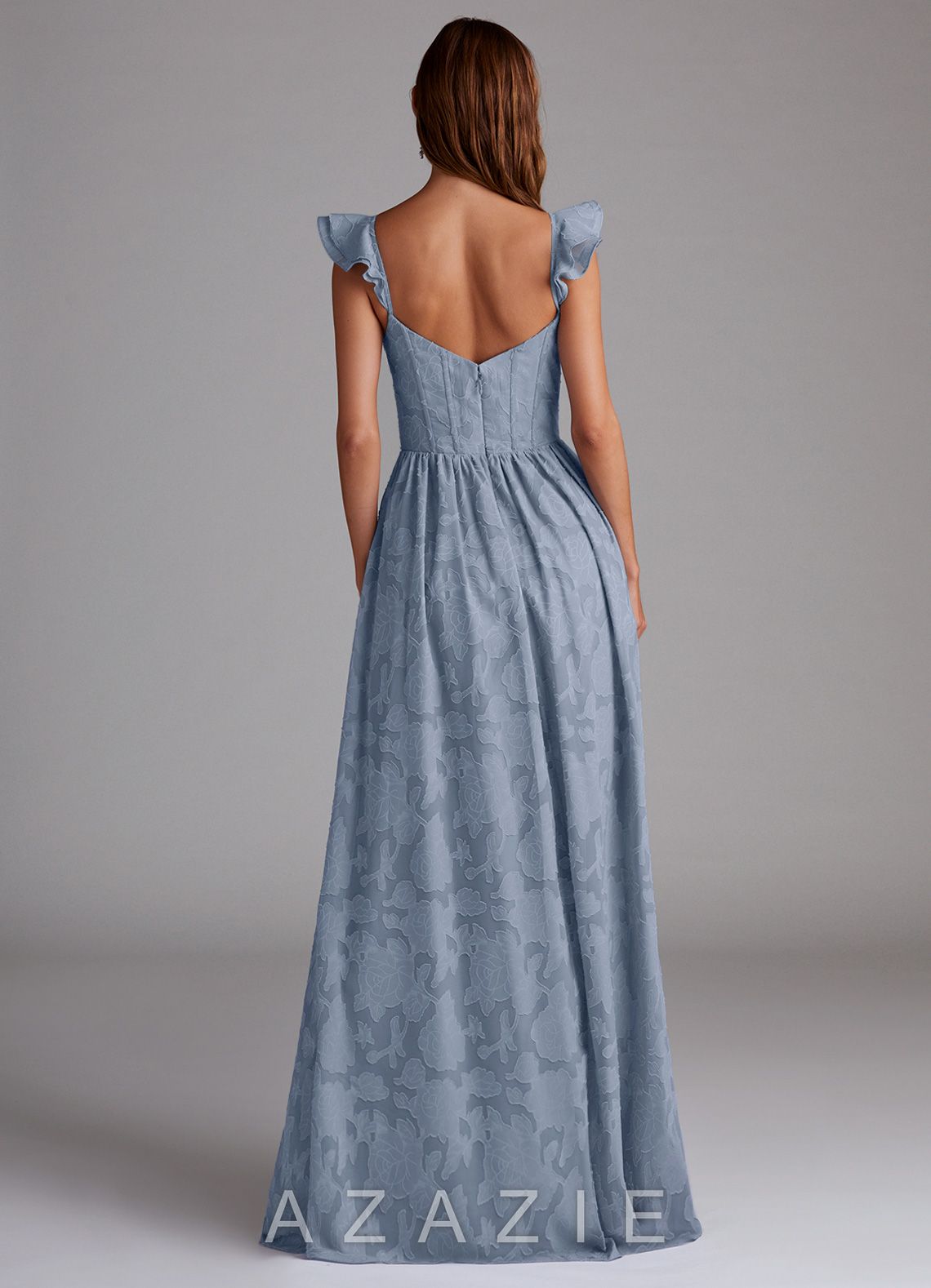 Azazie Denisse Dusty Blue A-Line Ruched Floral Burnout Dress dusty_blue