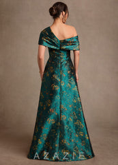 Azazie Nonie Deep Green A-Line Off the Shoulder Floral Jacquard Dress deep_green