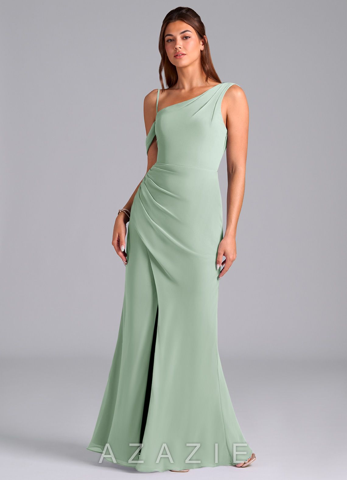 Azazie Madelyn Agave Mermaid One Shoulder Chiffon Convertible Dress agave