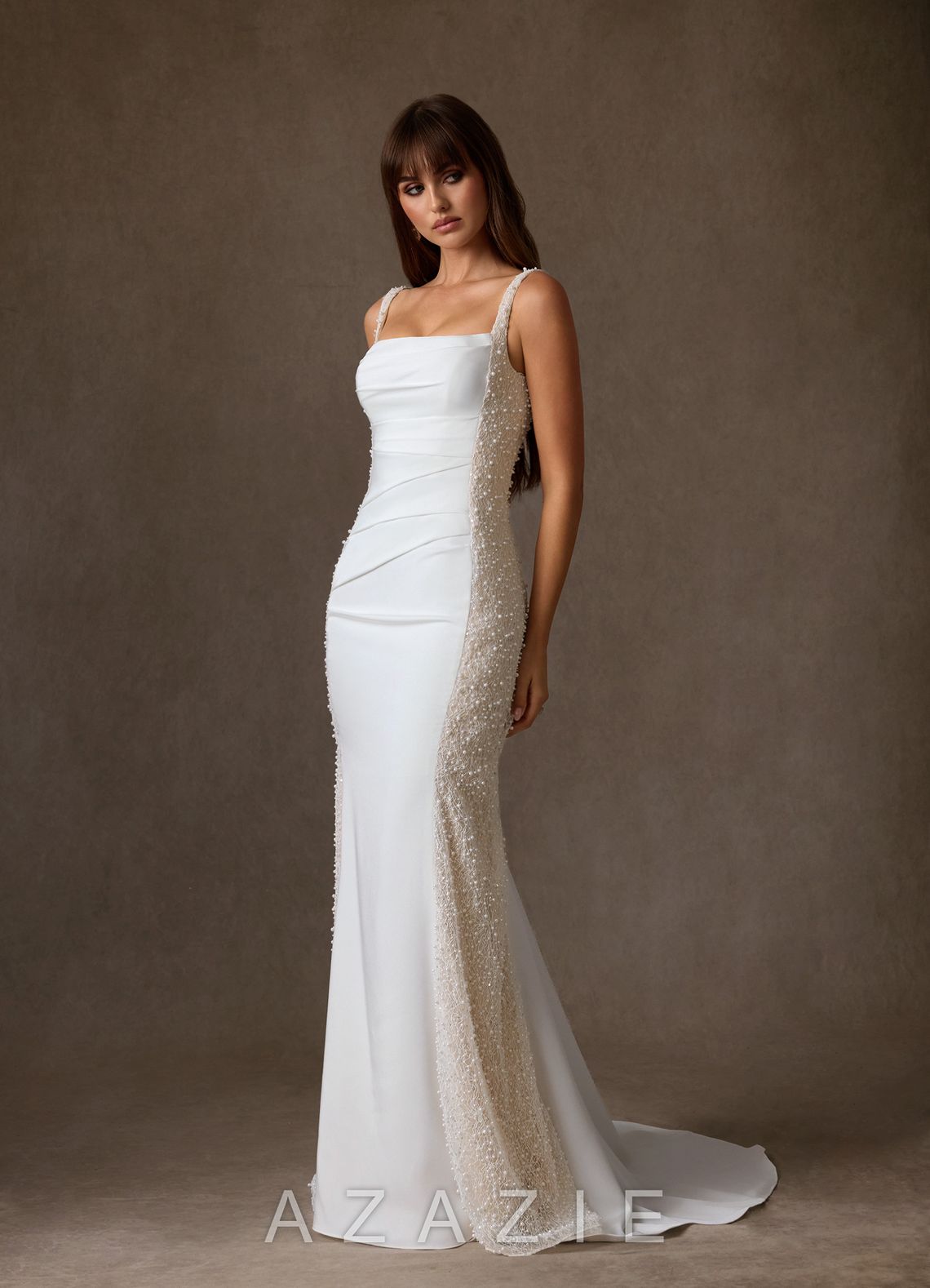 Azazie Shauna Diamond White Champagne Sheath Square Neckline Crepe Back Satin Dress