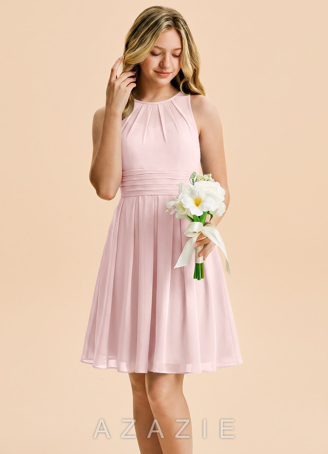 Azazie Bibiane Junior Blushing Pink A-Line Pleated Chiffon Dress blushing_pink