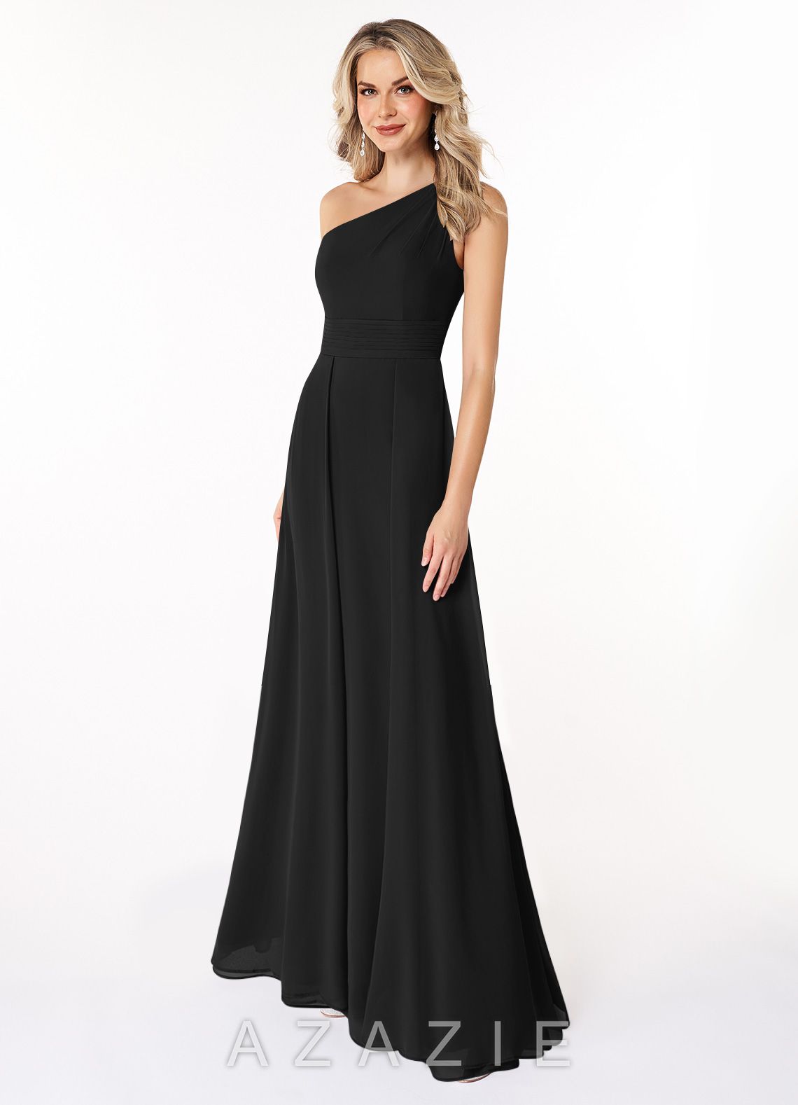 Azazie Dallas Black A-Line One Shoulder Chiffon Dress