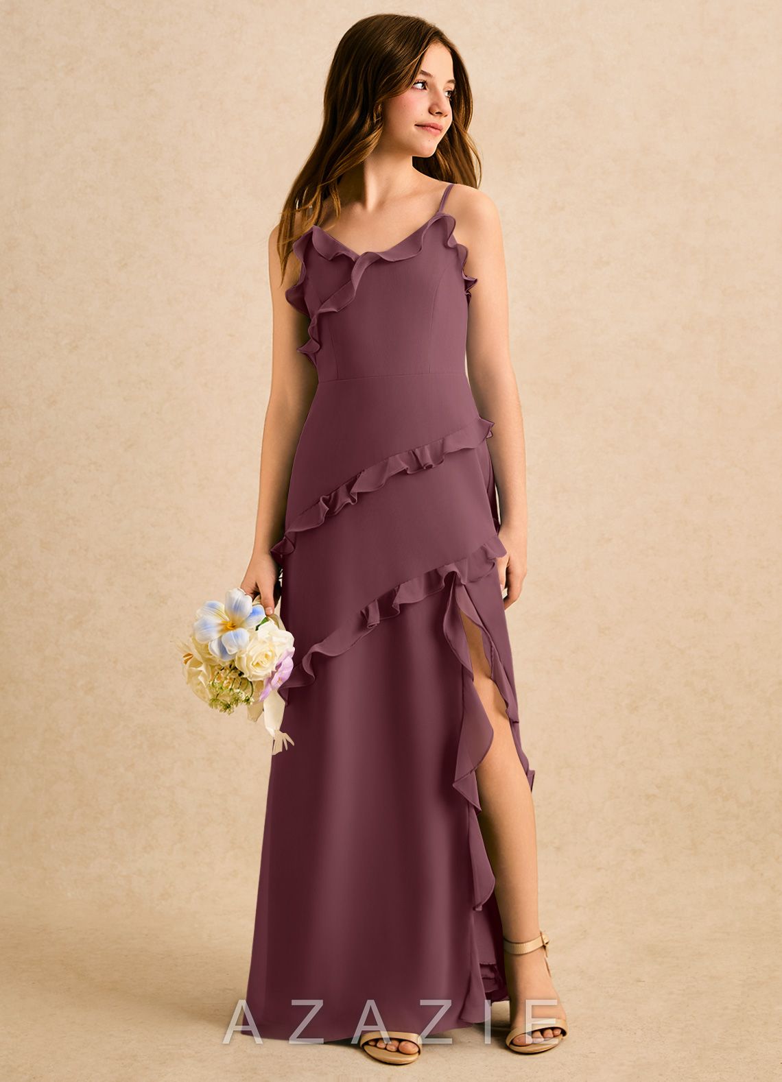 Azazie Lola Girls Formal Sangria A-Line Ruched Chiffon Dress sangria