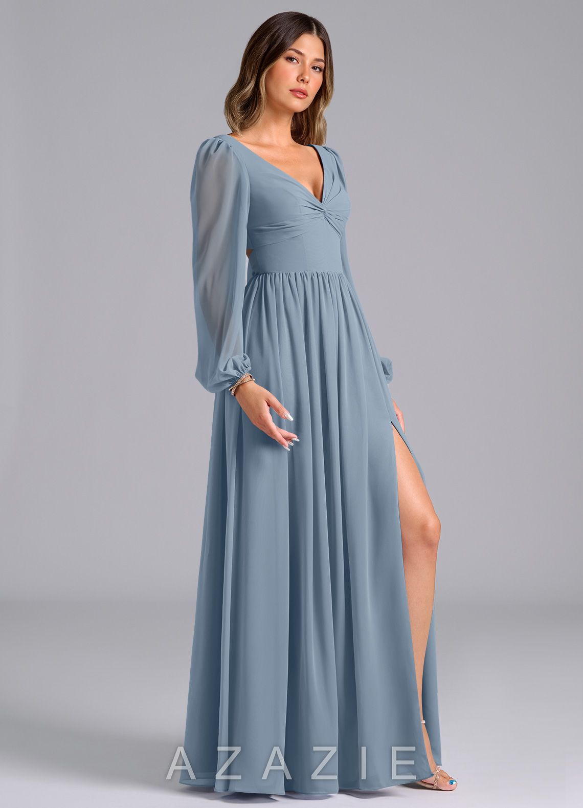 Azazie Teri Dusty Blue A-Line Long Sleeve Chiffon Dress dusty_blue