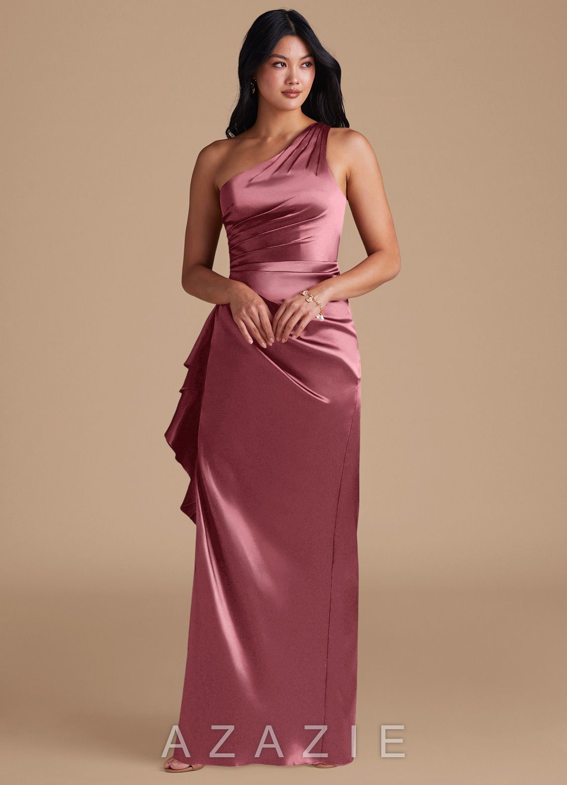 Azazie Latrice Desert Rose Sheath One Shoulder Metallic Satin Dress desert_rose