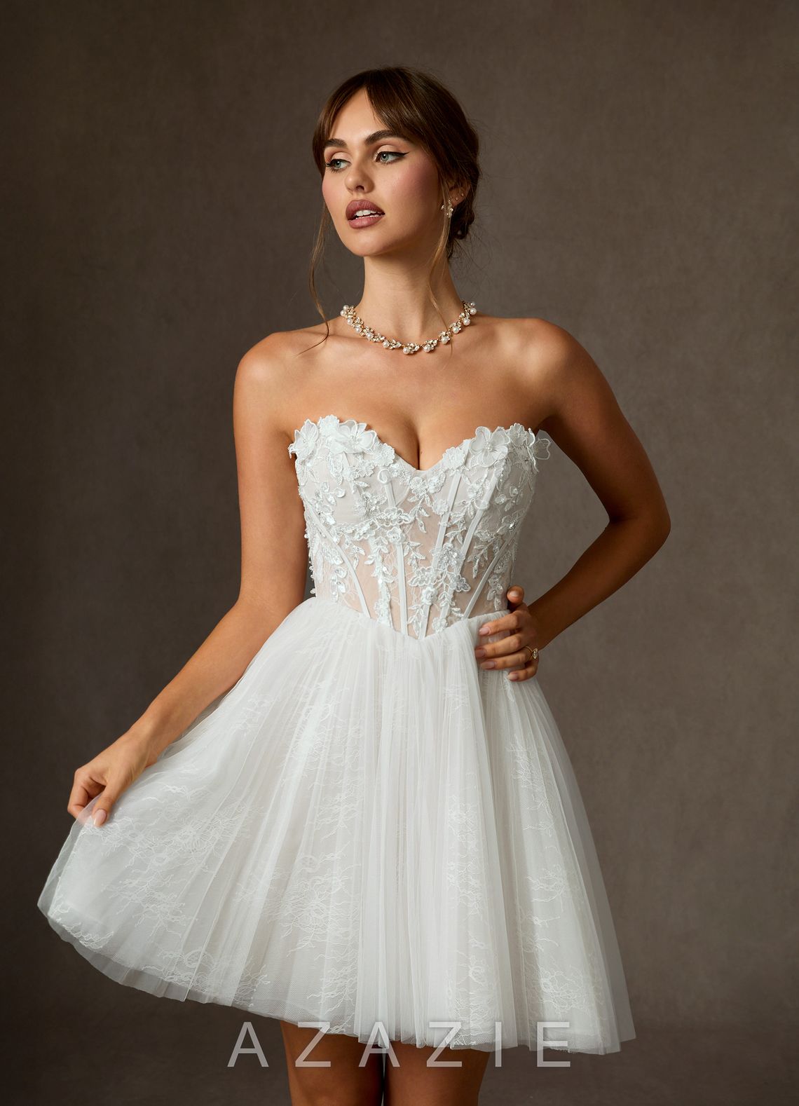 Azazie Sorel Diamond White Ball-Gown Off the Shoulder Lace Dress diamond_white
