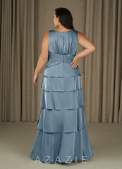 Azazie Viola Dusty Blue A-Line Pleated Stretch Satin Dress dusty_blue