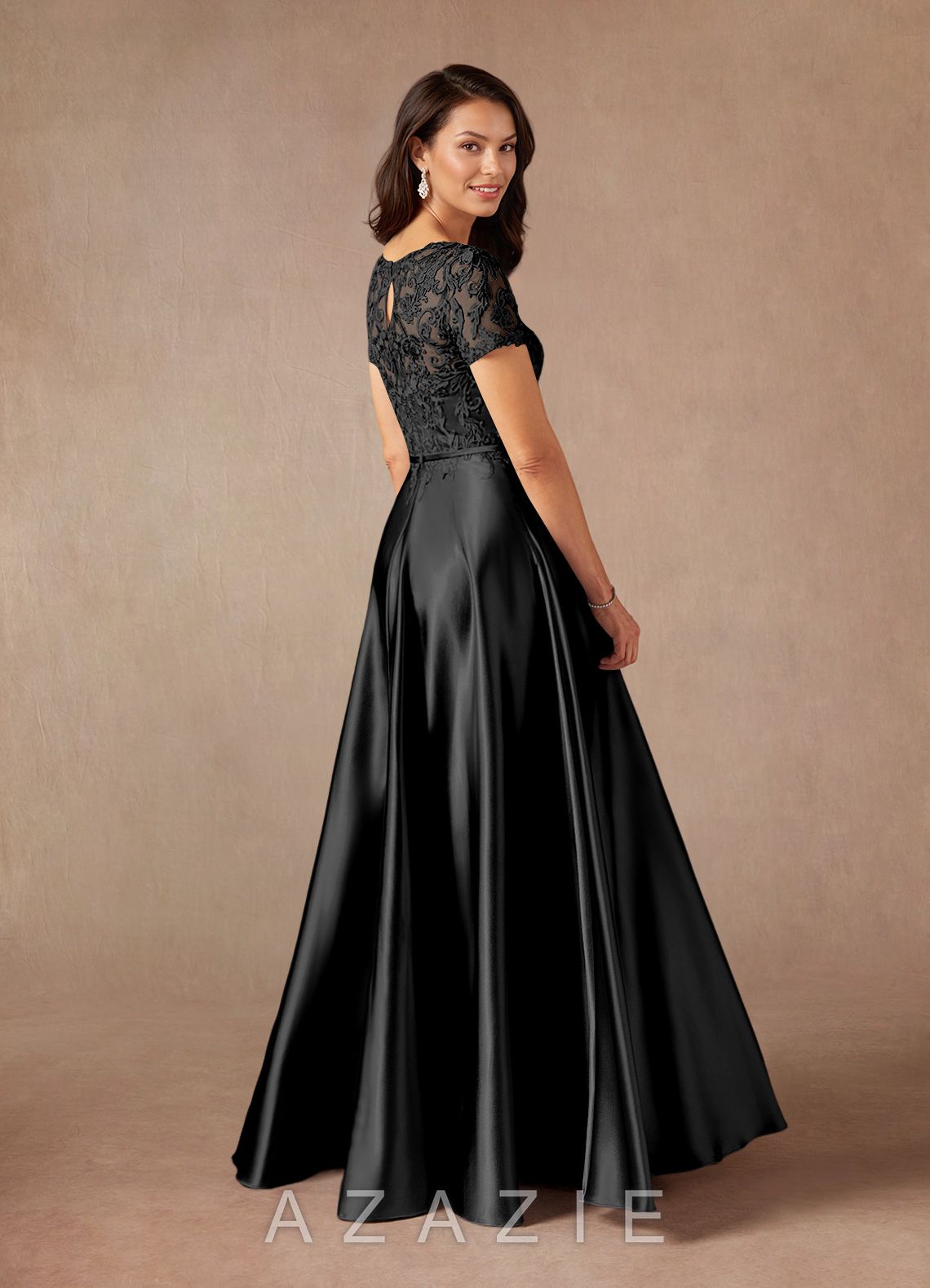 Azazie Adina Black A-Line Lace Metallic Satin Dress black