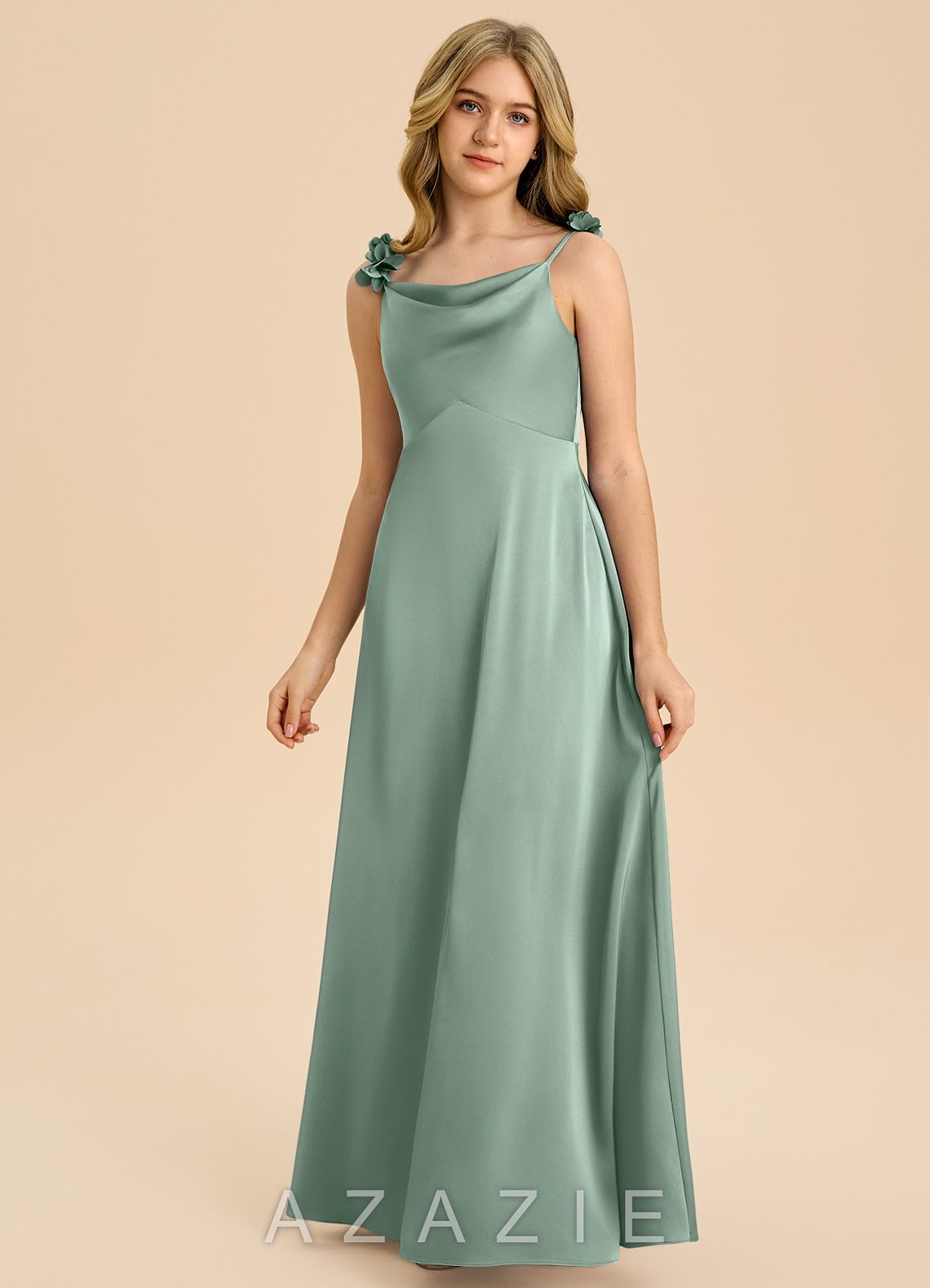 Azazie Gumdrop Junior Agave Empire Pleated Stretch Satin Dress agave