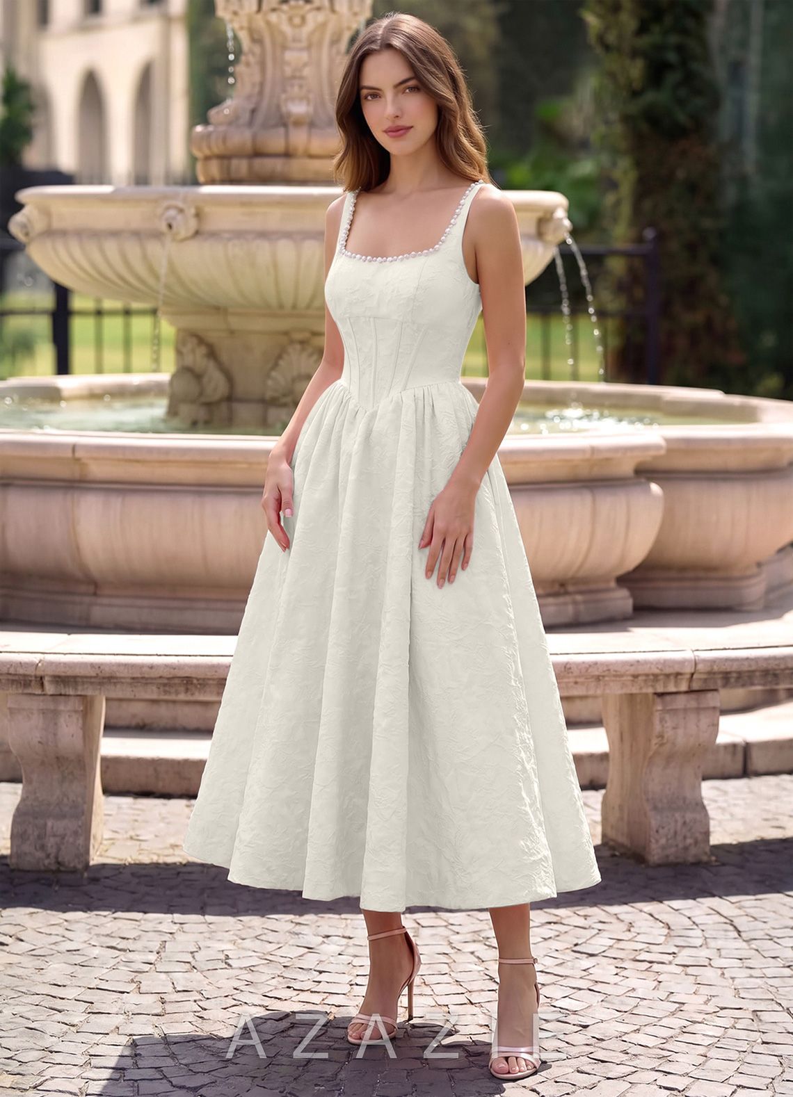 Sephone Cream Beading Rhinestone Jacquard Maxi Dress