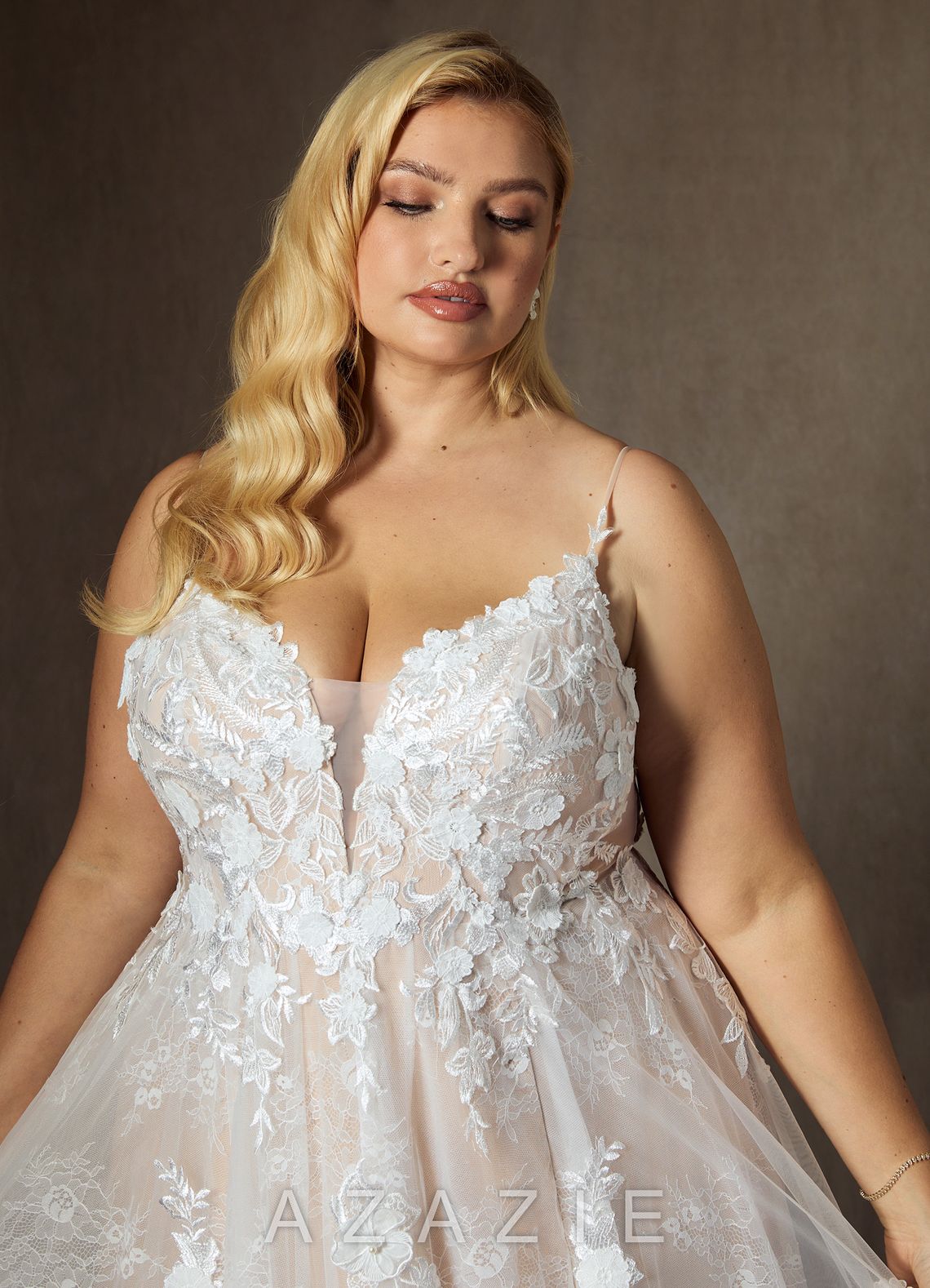 Azazie Monda Wedding Dress Diamond White Champagne A-Line Lace Tulle Dress