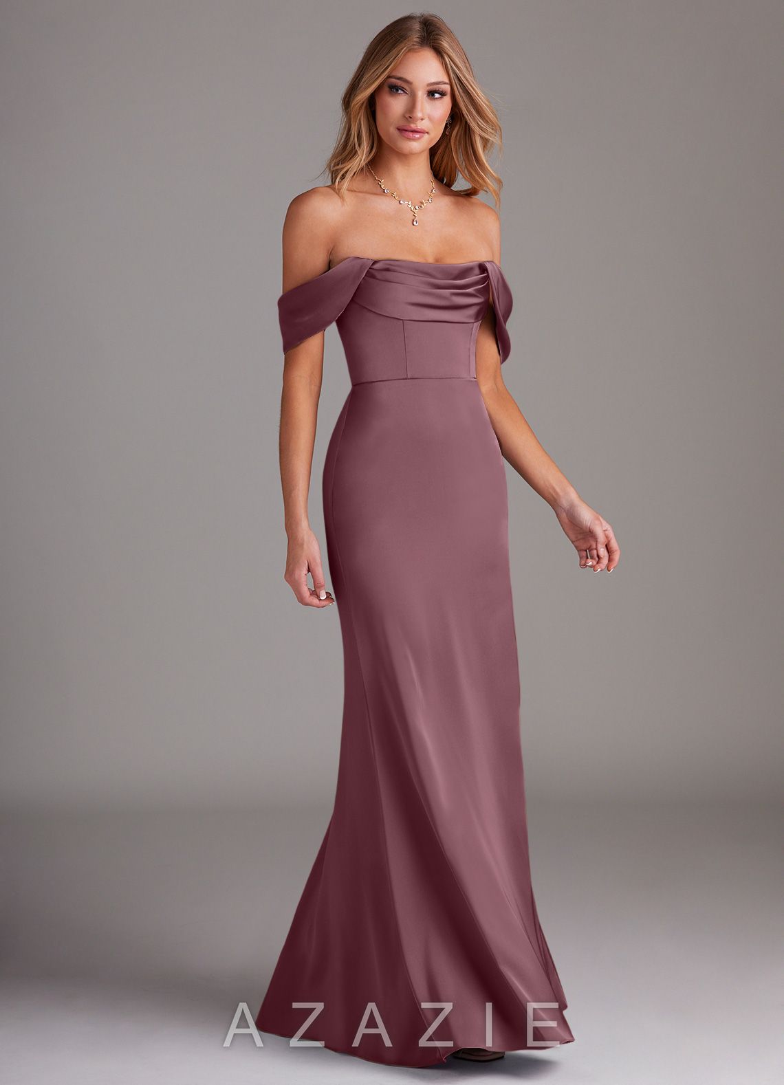 Azazie Saige Amethyst Sheath Off the Shoulder Stretch Satin Dress amethyst