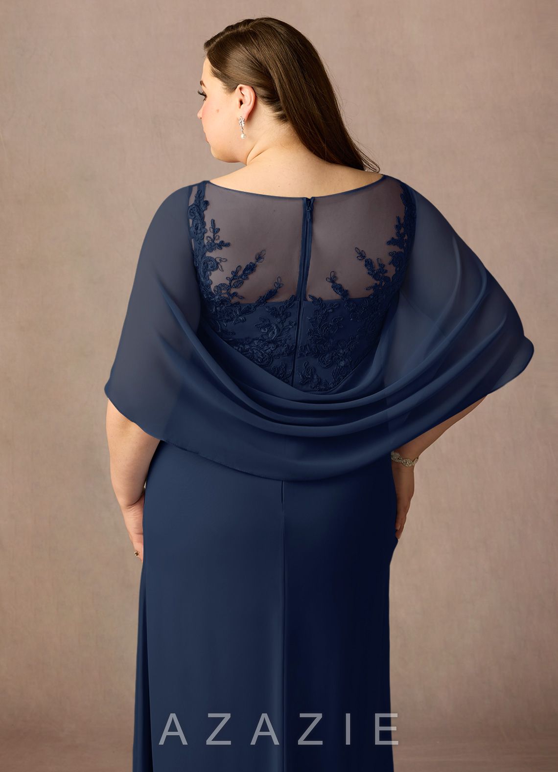Azazie Hera Dark Navy A-Line Lace Capelet Chiffon Dress dark_navy