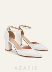 Pearl Embellished Chunky Block Heel Pumps Closed Toe Wedding Shoes  diamond_white