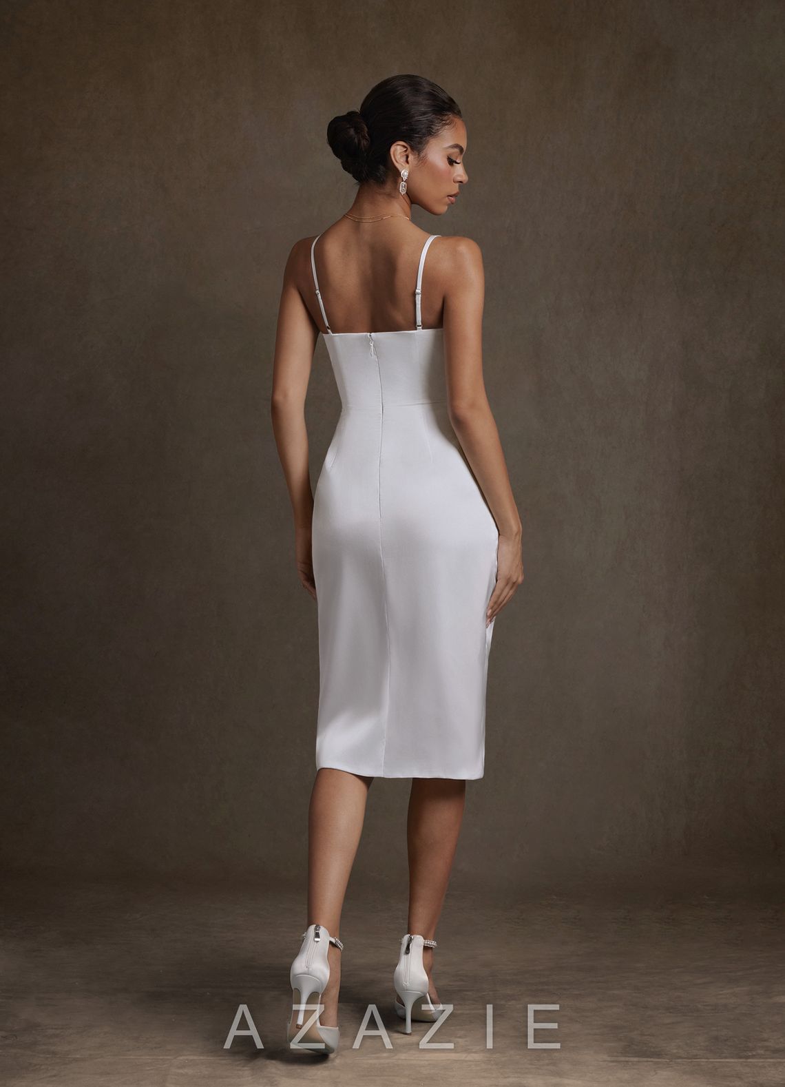 Azazie Katiya Diamond White Sheath Cowl Neckline Pleated Stretch Satin Dress diamond_white