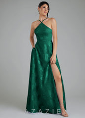 Azazie Siobhan Emerald A-Line Pleated Floral Jacquard Burnout Dress