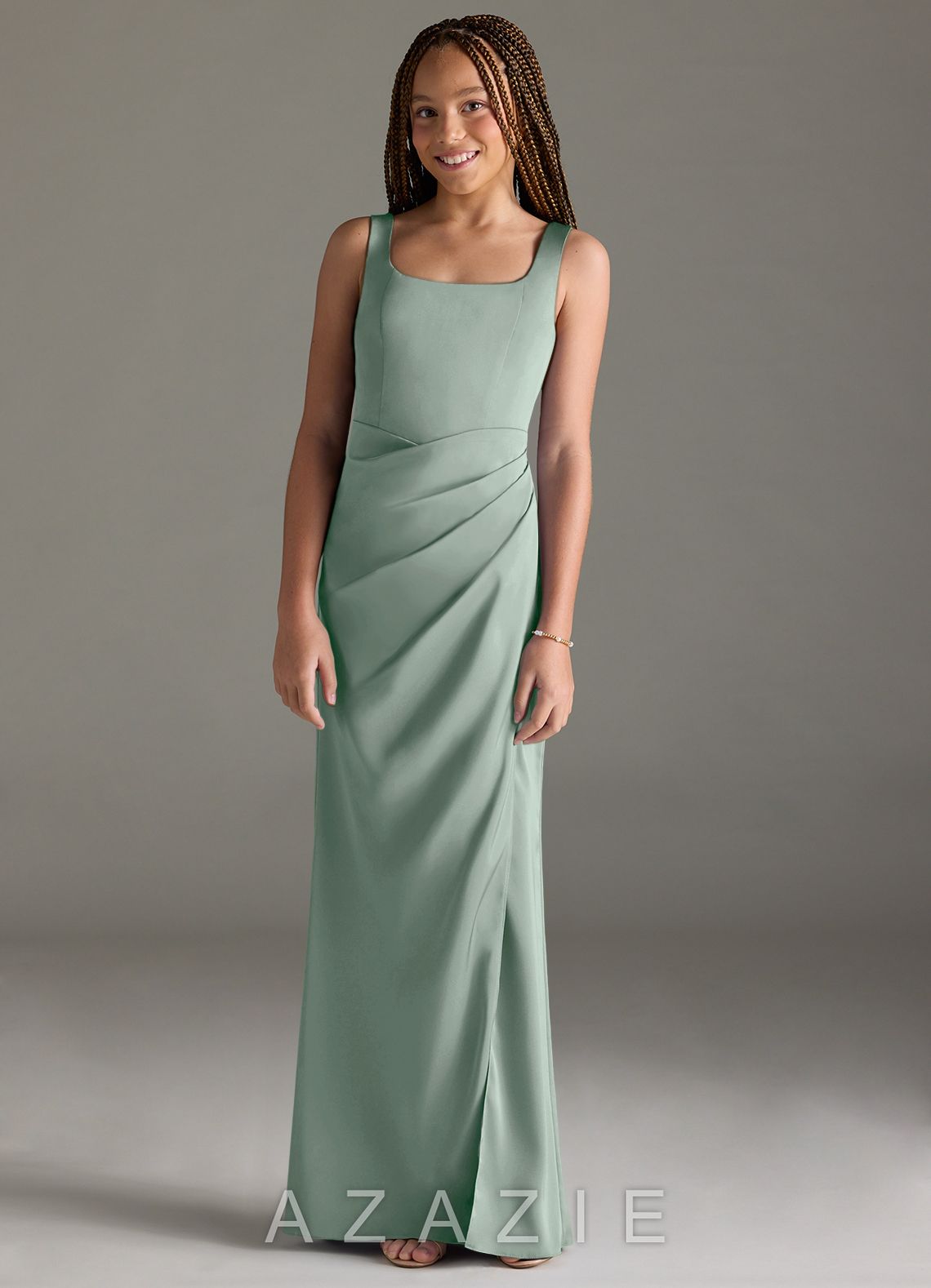 Azazie Mero Junior Agave Mermaid Pleated Stretch Satin Dress