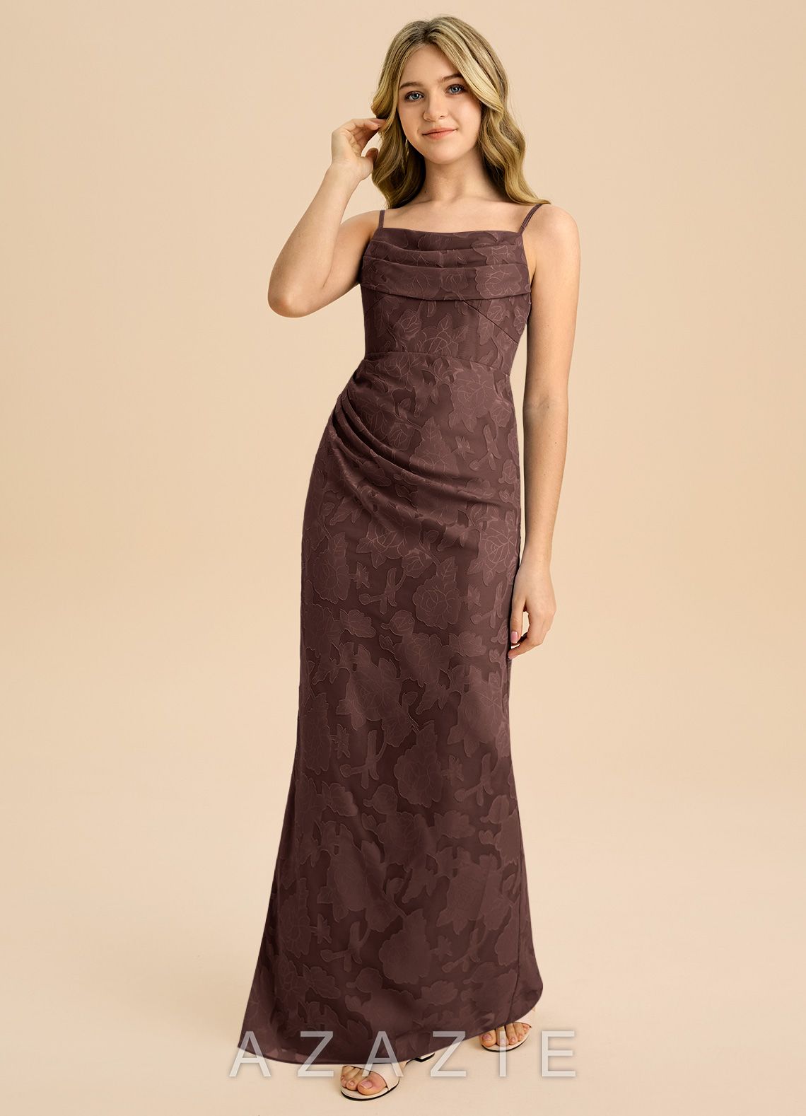Azazie Mai Junior Espresso Sheath Pleated Floral Burnout Dress espresso