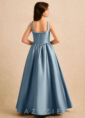 Azazie Enid Girls Formal Dusty Blue A-Line Beaded Stretch Satin Dress dusty_blue