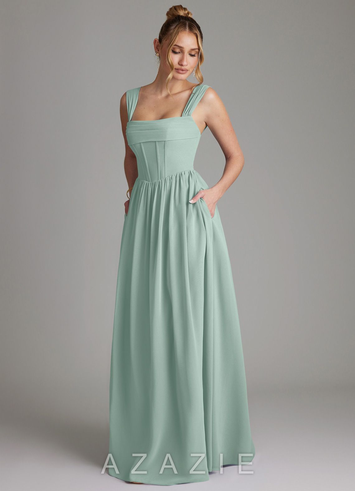 Azazie Caterina Agave A-Line Corset Chiffon Dress agave
