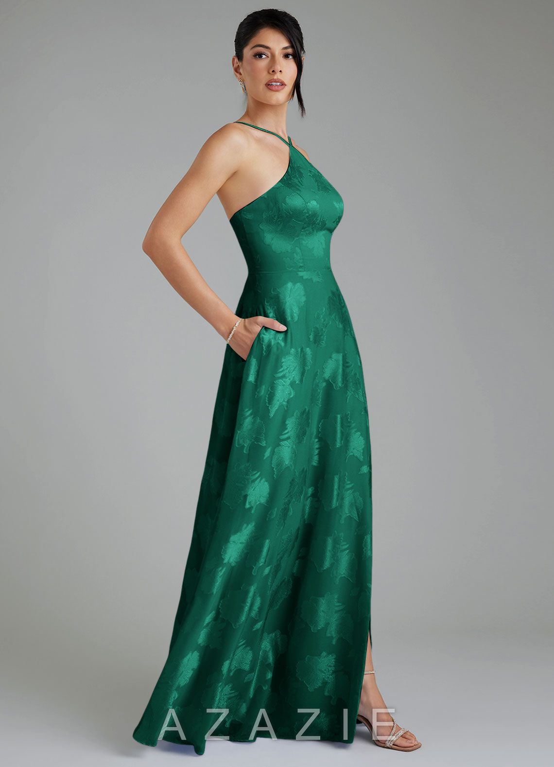 Azazie Siobhan Emerald A-Line Pleated Floral Jacquard Burnout Dress emerald