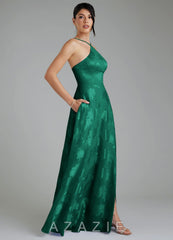 Azazie Siobhan Emerald A-Line Pleated Floral Jacquard Burnout Dress emerald