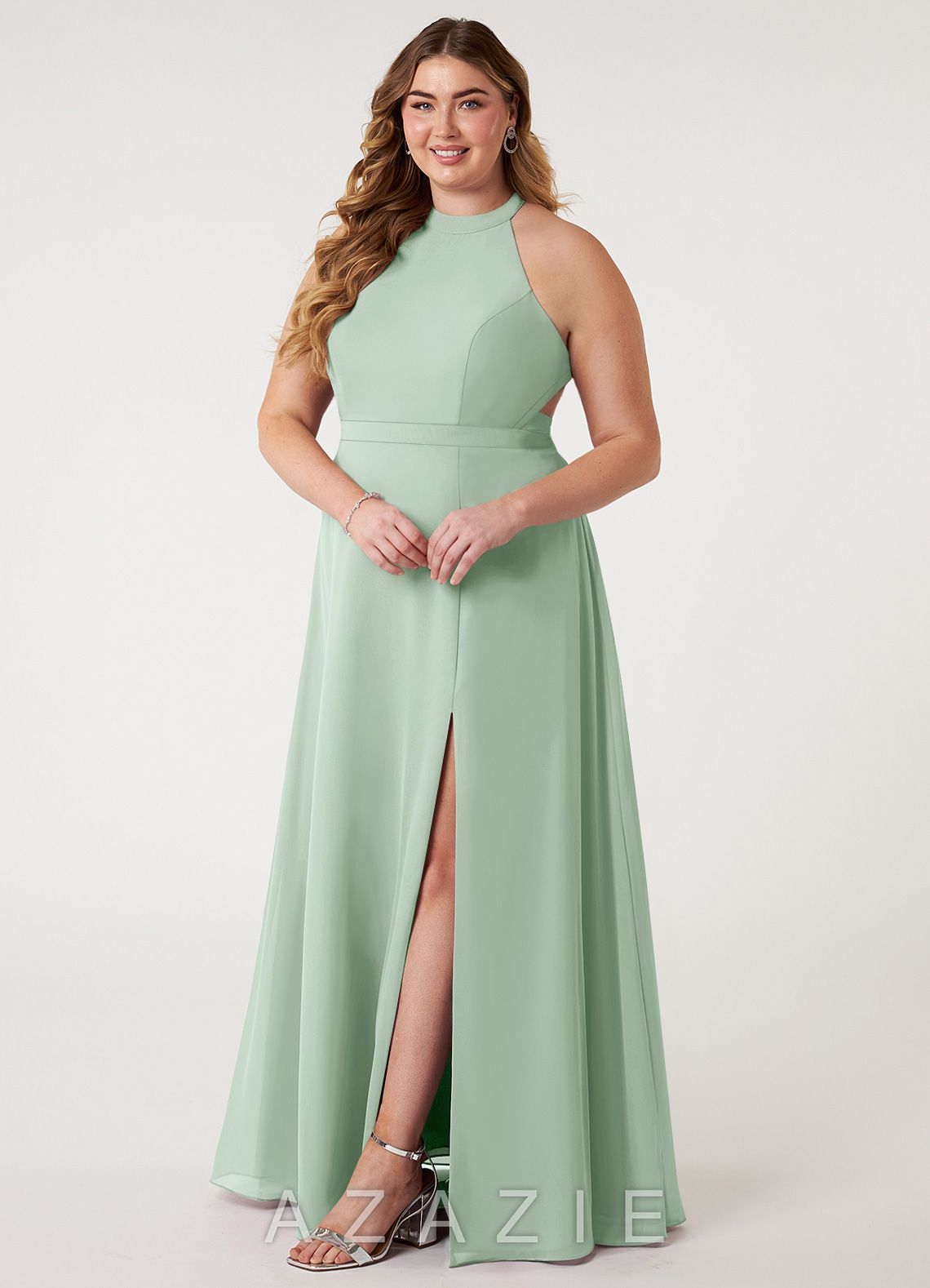 Azazie Clarice Agave A-Line Halter Chiffon Dress agave