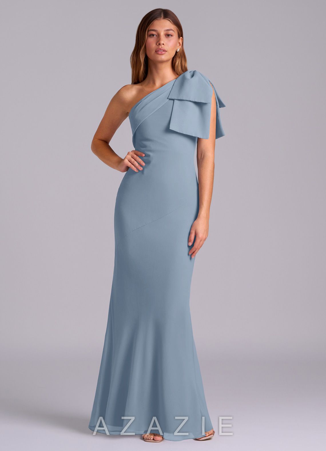 Azazie Yuanna Dusty Blue Mermaid One Shoulder Chiffon Dress