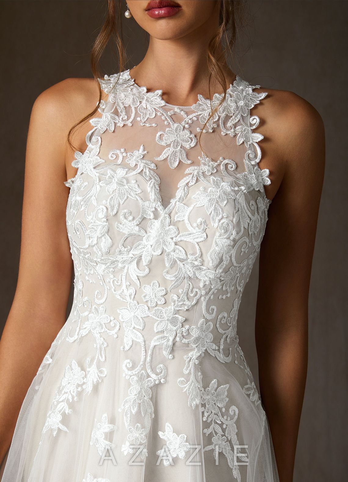 Azazie Melrose Wedding Dress Diamond White A-Line Sweetheart Lace Tulle Dress diamond_white