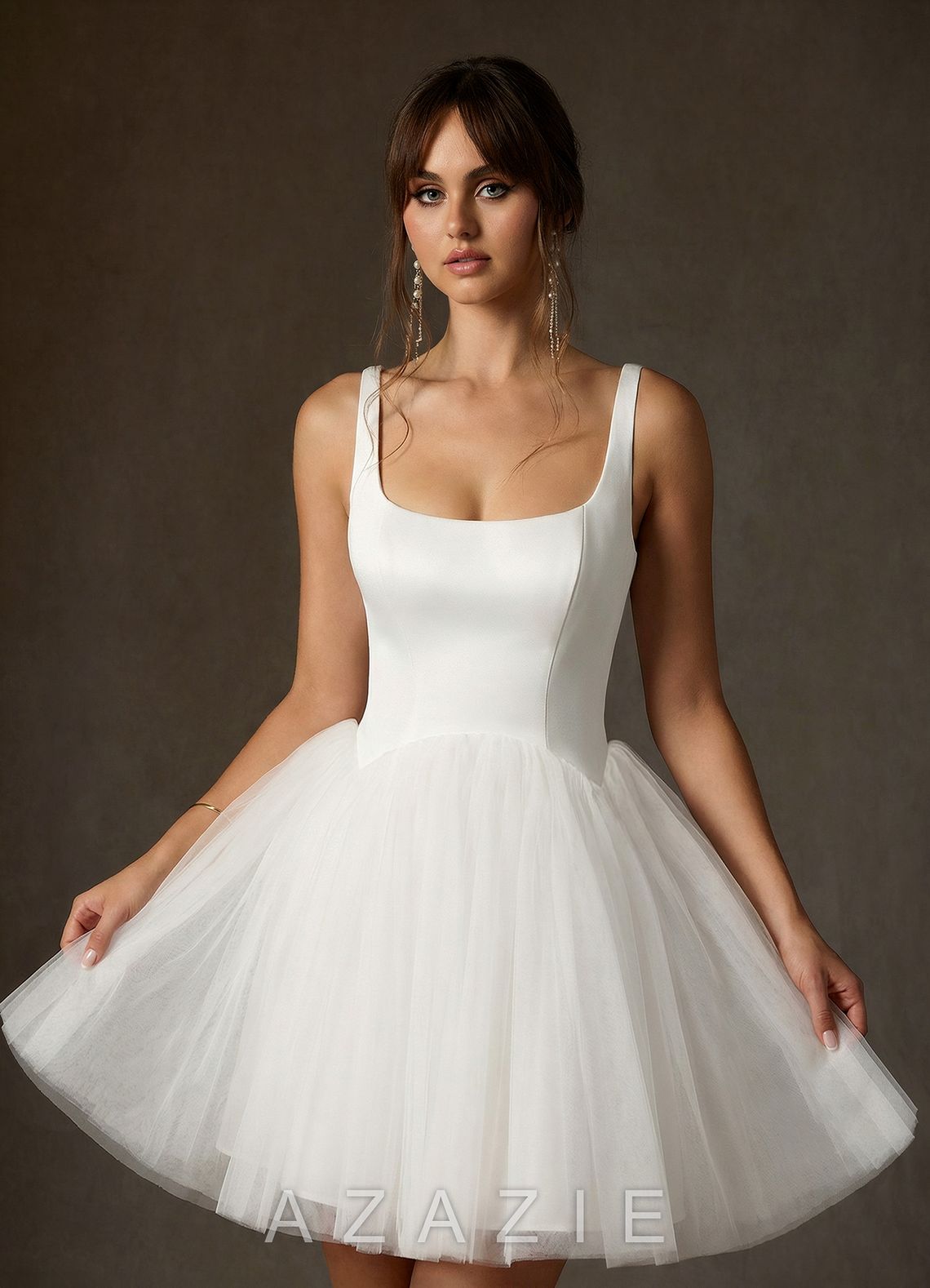 Azazie Annora Diamond White A-Line Square Neckline Tulle Dress diamond_white