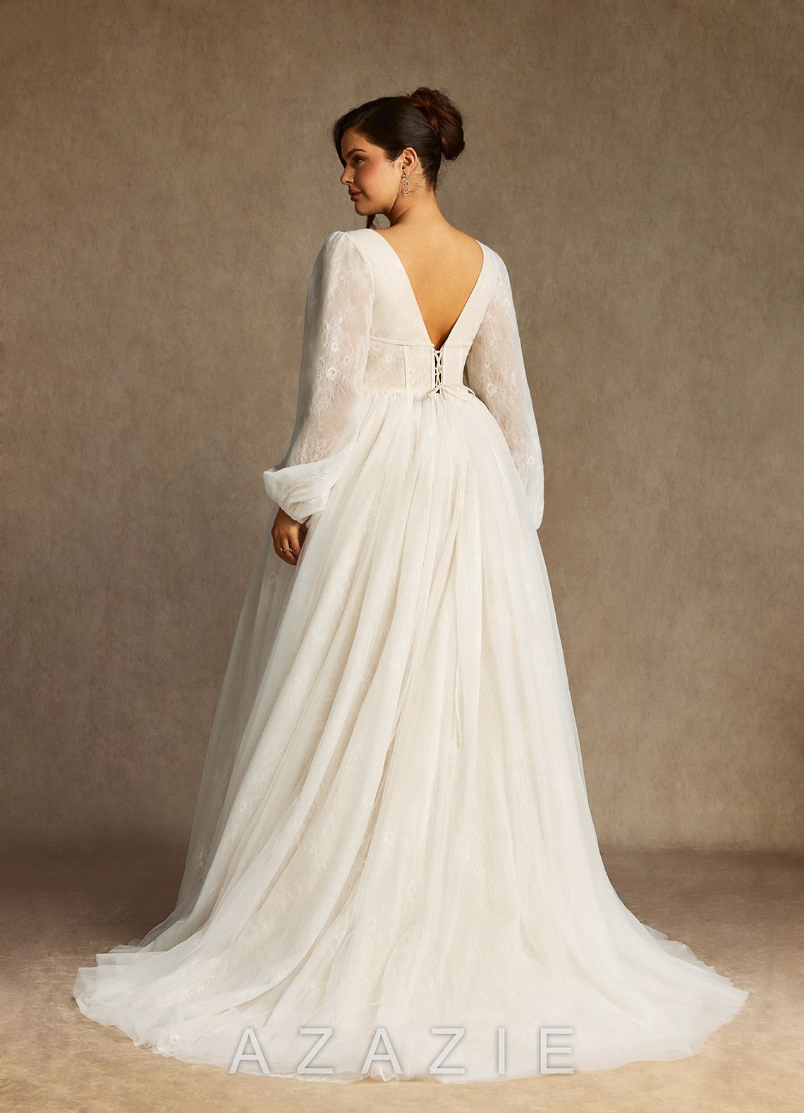 Azazie Cressida Wedding Dress Diamond White Champagne Ball-Gown Lace Tulle Dress diamond_white/champagne
