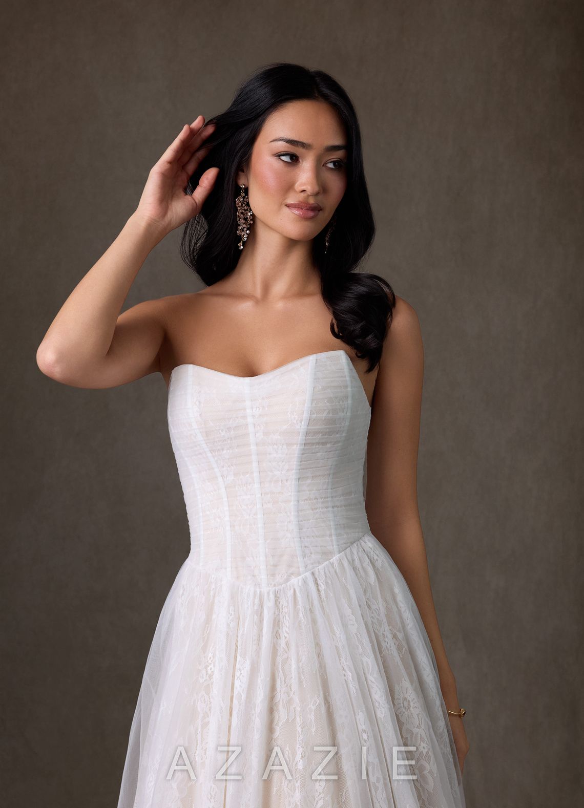Azazie Adriana Diamond White Champagne A-Line Strapless Lace Dress