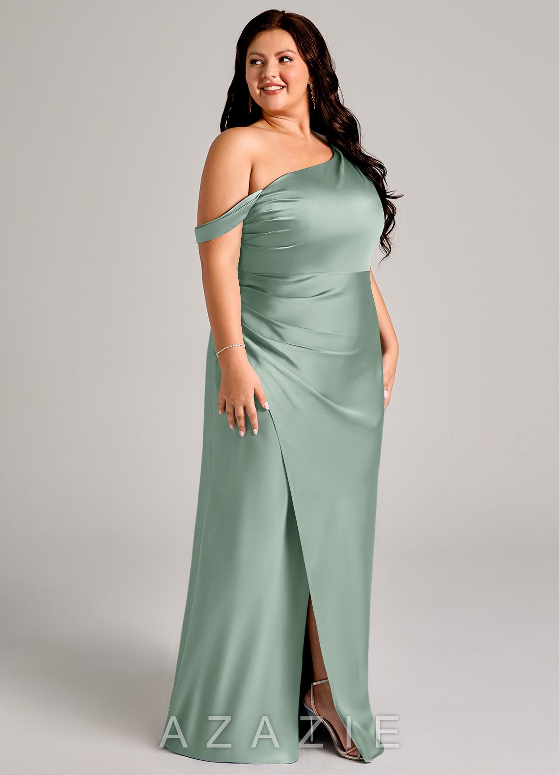 Azazie Madelyn Agave Mermaid One Shoulder Stretch Satin Convertible Dress agave