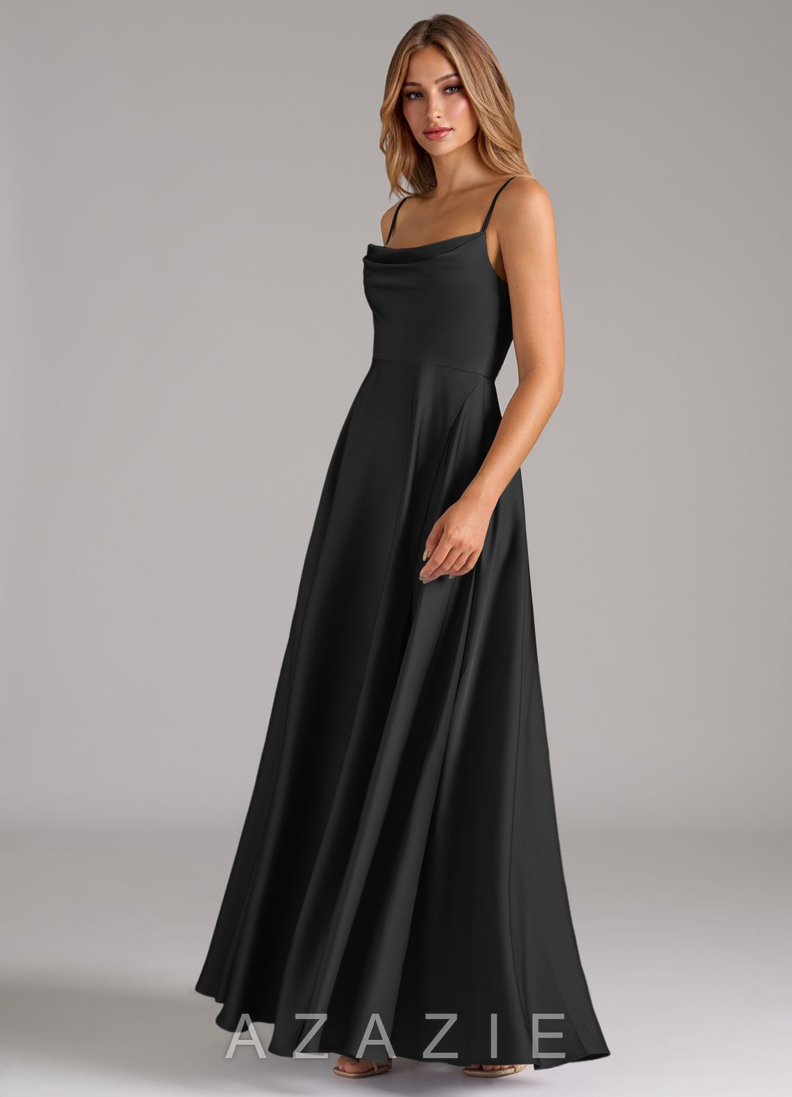 Azazie Elle Black A-Line Pleated Stretch Satin Dress black