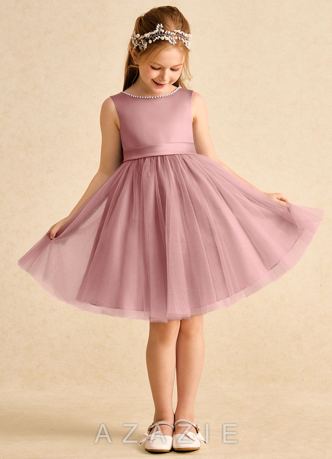 Azazie Jani Dusty Rose A-Line Bow Tulle Dress dusty_rose
