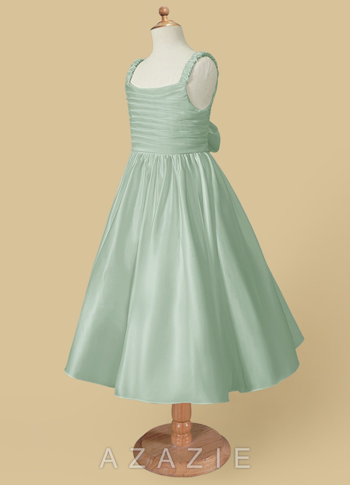Azazie Cutie Pie Agave A-Line Pleated Matte Satin Dress agave