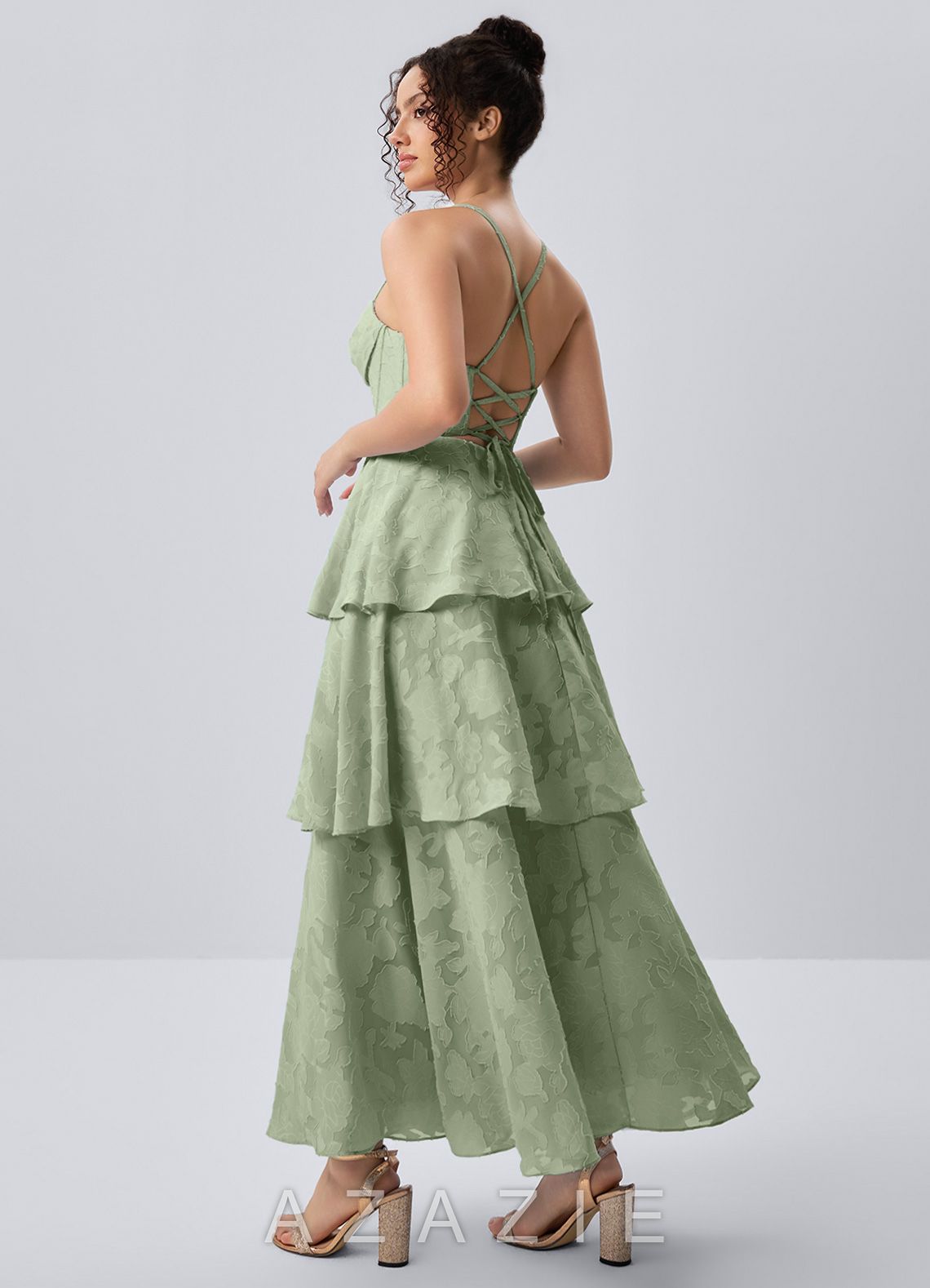 Gabriddy Light Green Jacquard Ruffles Corset Maxi Dress