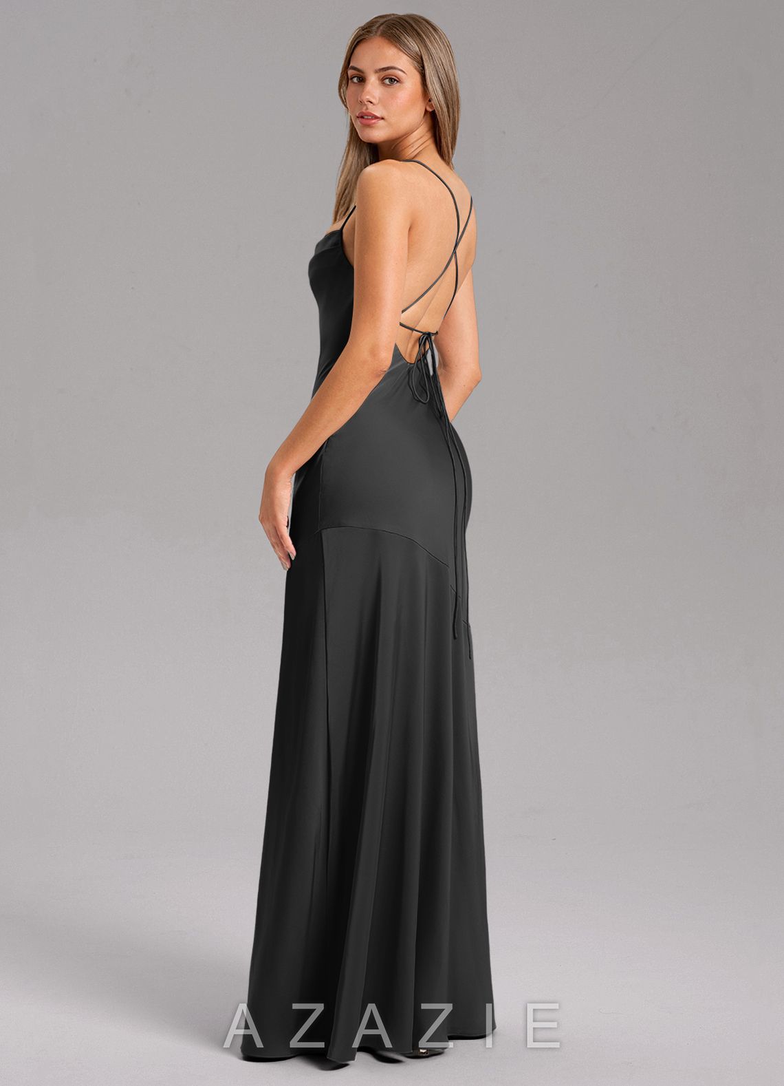 Azazie Grata Black Mermaid Side Slit Stretch Satin Dress black