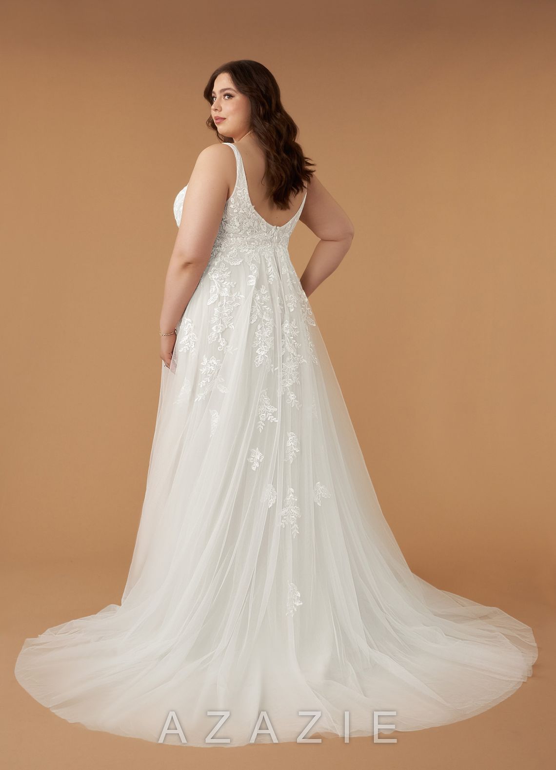 Azazie Sorella Wedding Dress Diamond White A-Line V-Neck Sequins Tulle Dress