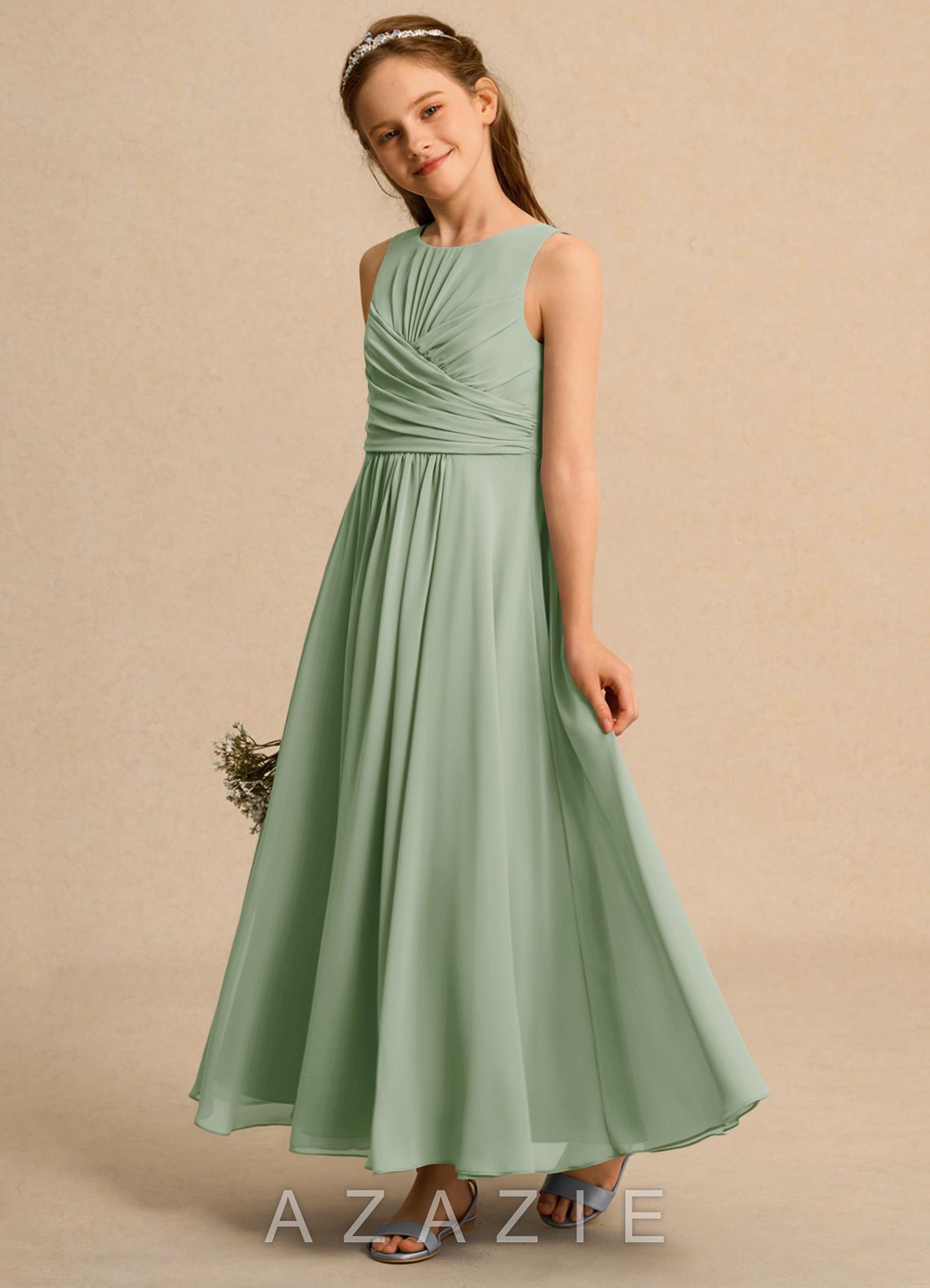 Azazie Ducky Girls Formal Dusty Sage A-Line Pleated Chiffon Dress dusty_sage