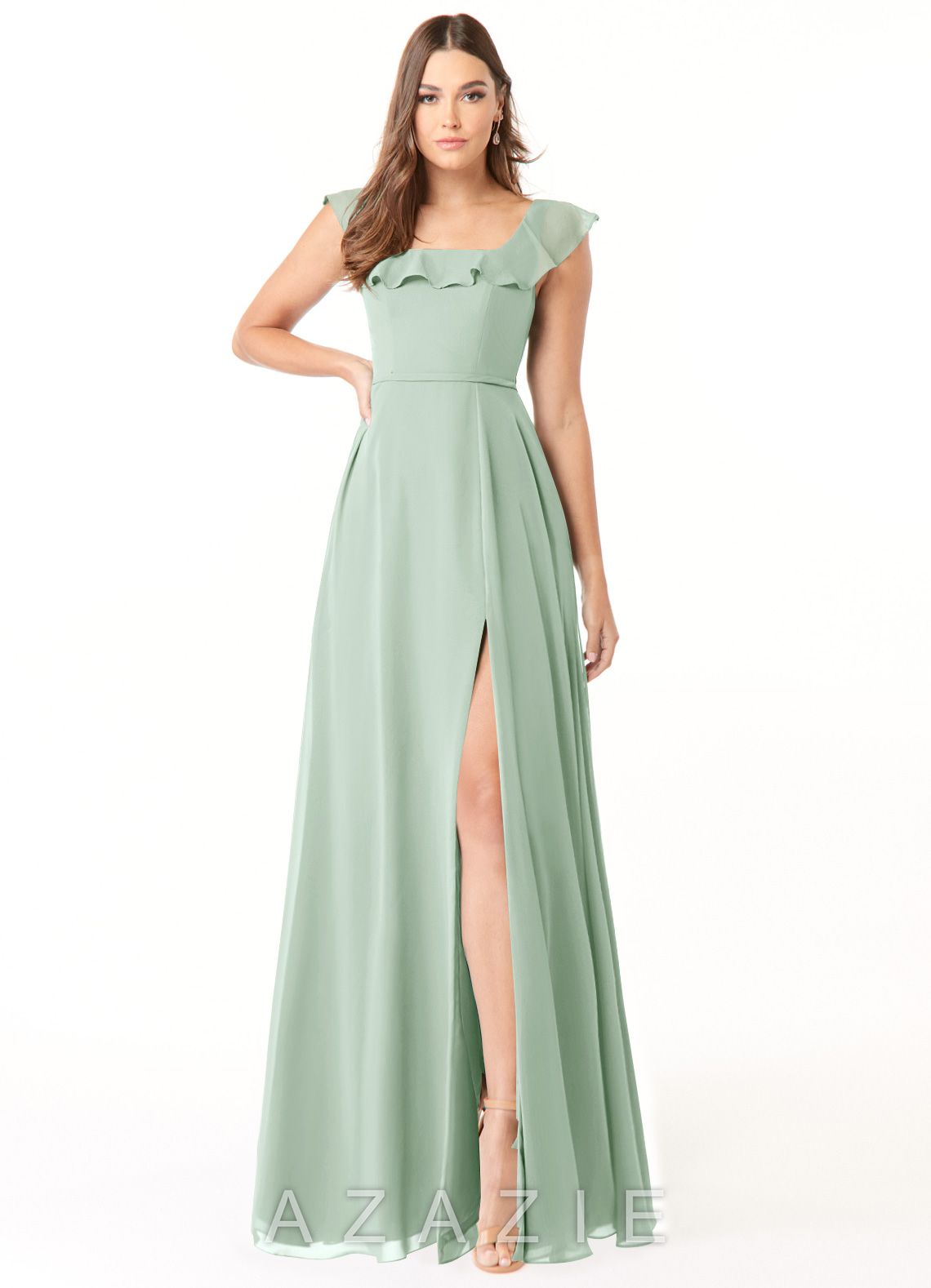 Azazie Jinny Agave A-Line Square Neckline Ruched Chiffon Dress