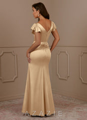 Azazie Roya Champagne Mermaid V-Neck Pleated Stretch Satin Dress champagne