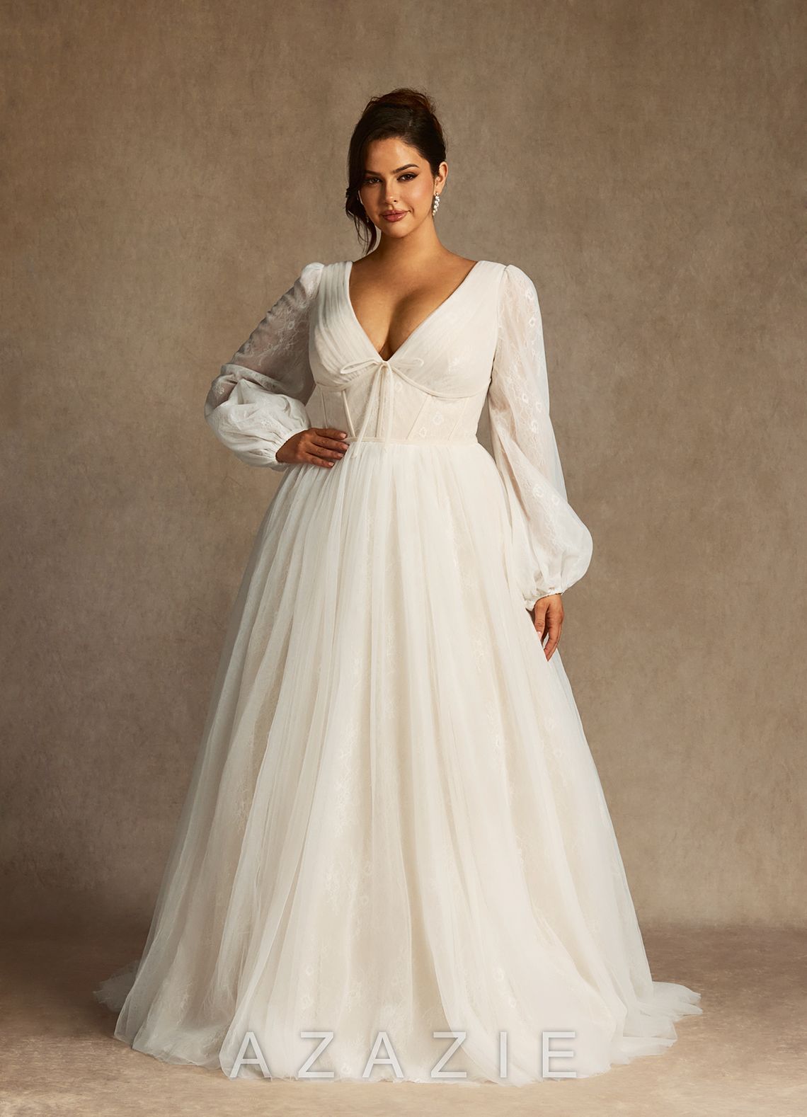 Azazie Cressida Wedding Dress Diamond White Champagne Ball-Gown Lace Tulle Dress diamond_white/champagne